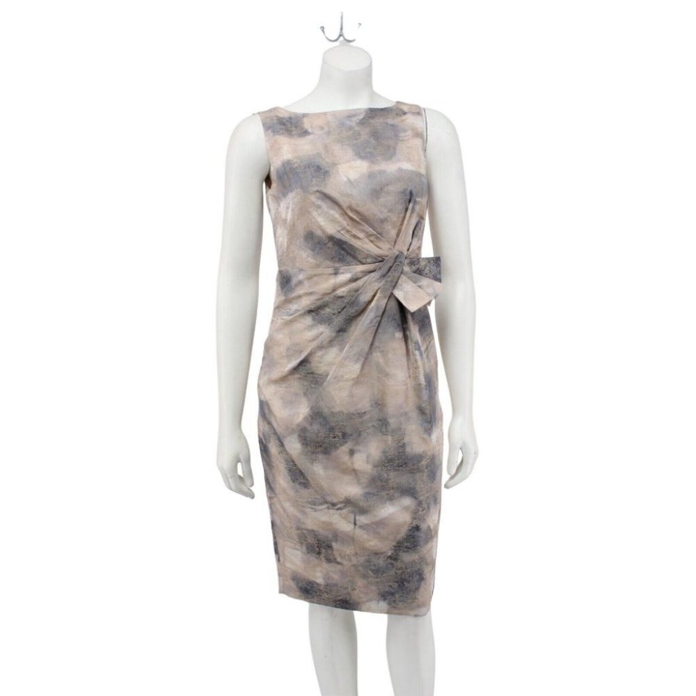 Anne Klein Tan Gray Geometric Pattern Sleeveless Ruched Wrap Woven Dress Size 2